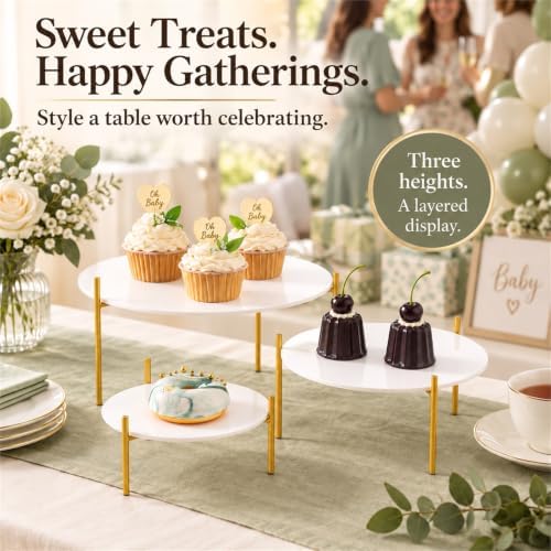 3 Pack Round Acrylic Dessert Display Stands, White and Gold Serving Trays with Painted Iron Legs, Removable, alternate view 7