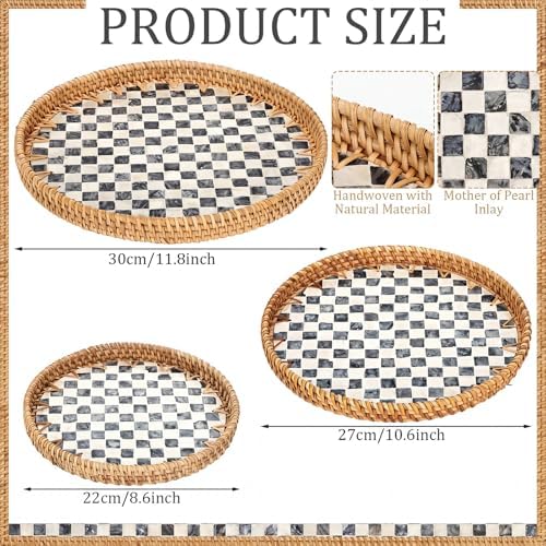 3 Pack Round Rattan Tray with Mother of Pearl, Black Checkerboard, 3 Size in Black Checkerboard, alternate view 3