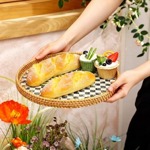 3 Pack Round Rattan Tray with Mother of Pearl, Black Checkerboard, 3 Size in Black Checkerboard, alternate view 5