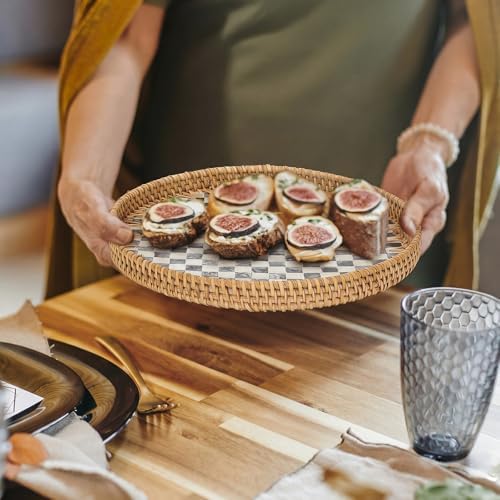 3 Pack Round Rattan Tray with Mother of Pearl, Black Checkerboard, 3 Size in Black Checkerboard, alternate view 6