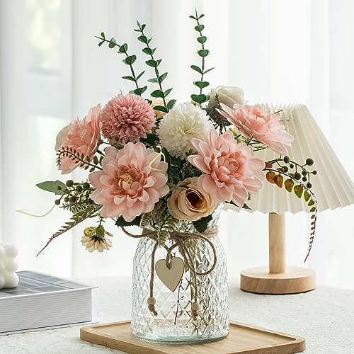 3 Pack Set Fake Flowers With Vase, Faux Silk Pink Dahlia Artificial Flowers for Home Decor, Coffee Table, Living