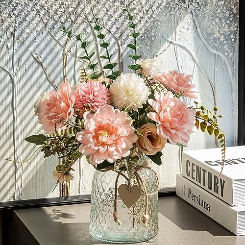 3 Pack Set Fake Flowers With Vase, Faux Silk Pink Dahlia Artificial Flowers for Home Decor, Coffee Table, Living, alternate