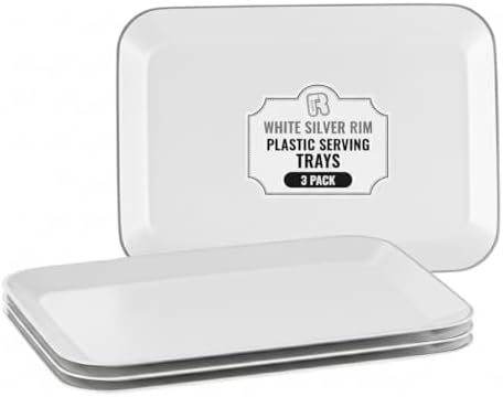3 Pack Silver Plastic Serving Trays for Party - Silver Rim Serving Tray 8 x 11 Inch - Heavy Duty Dessert Trays