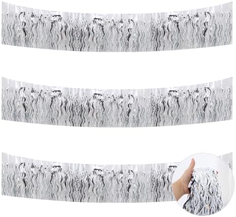 3 Pack Silver Wavy Foil Fringe Garland 30ft Tinsel Wall Decor in Wavy Silver
