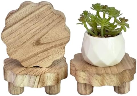 3 Pack Small Scalloped Wood Risers for Display, Mini 4 Inch Wooden Stands with Removable Feet Farmhouse Rustic