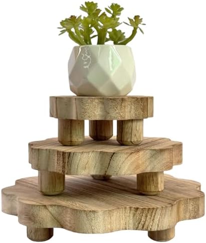 3 Pack Small Scalloped Wood Risers for Display, Mini Wooden Stands with Removable Feet Farmhouse Rustic Decor