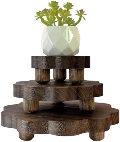 3 Pack Small Scalloped Wood Risers for Display, Mini Wooden Stands with Removable Feet Farmhouse Rustic Decor