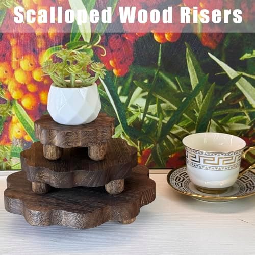 3 Pack Small Scalloped Wood Risers for Display, Mini Wooden Stands with Removable Feet Farmhouse Rustic Decor, alternate view