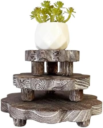 3 Pack Small Scalloped Wood Risers for Display, Wooden Stands with Removable Feet Farmhouse Rustic Decor for