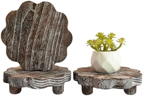 3 Pack Small Scalloped Wood Risers for Display, Wooden Stands with Removable Feet Farmhouse Rustic Decor for