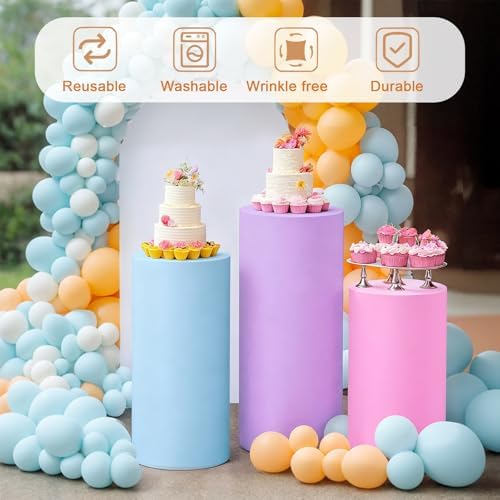 3 Pack Spandex Cylinder Pedestal Covers, Only Covers in Pink, blue, purple, alternate view 3