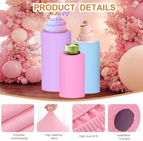 3 Pack Spandex Cylinder Pedestal Covers, Only Covers in Pink, blue, purple, alternate view 4