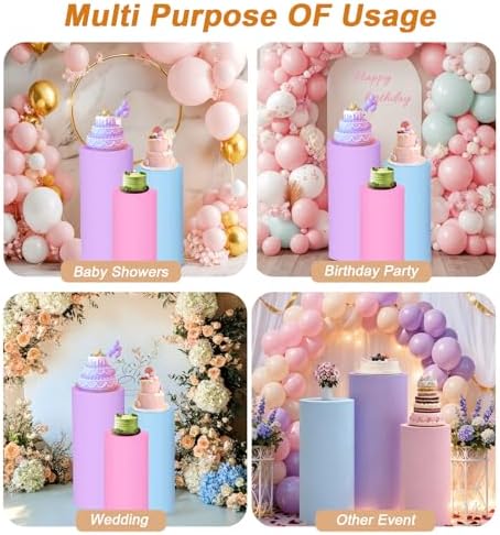 3 Pack Spandex Cylinder Pedestal Covers, Only Covers in Pink, blue, purple, alternate view 5