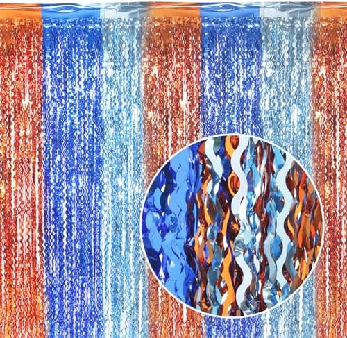3 Pack Wavy Blue Dog Tinsel Backdrop Party Decorations - 3.3x6.6ft Orange and Dark Light Blue Metallic Foil