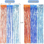 3 Pack Wavy Blue Dog Tinsel Backdrop Party Decorations - 3.3x6.6ft Orange and Dark Light Blue Metallic Foil, alternate view 3