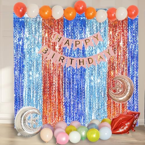 3 Pack Wavy Blue Dog Tinsel Backdrop Party Decorations - 3.3x6.6ft Orange and Dark Light Blue Metallic Foil, alternate view 4