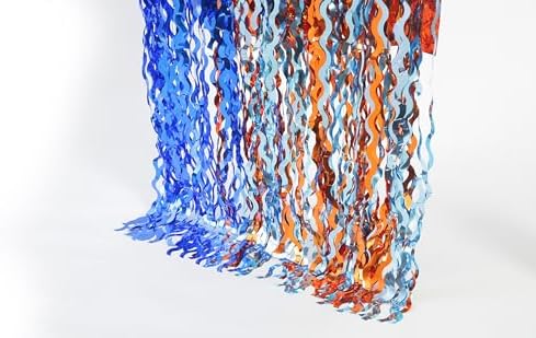 3 Pack Wavy Blue Dog Tinsel Backdrop Party Decorations - 3.3x6.6ft Orange and Dark Light Blue Metallic Foil, alternate view 5