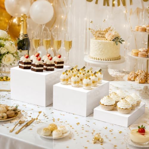 3 Pack White Buffet Food Risers, Step 12” 11”10” Size Acrylic Cube Box Display for Dessert Table Display Set, alternate view