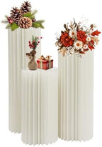 3 Pack White Cylinder Stands Portable, 23.6", 31.5", 39.37'' Pedestal Set Foldable & Portable Cardboard