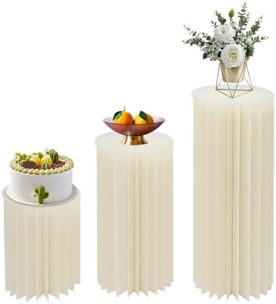 3 Pack White Cylinder Stands Portable, 23.6", 31.5", 39.37'' Pedestal Set Foldable & Portable Cardboard