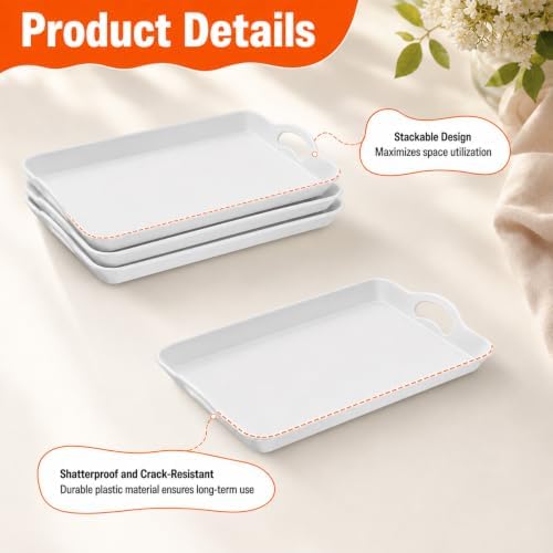 3 Pack White Large Melamine Serving Tray with 4 Handles in White, alternate view 4