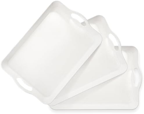3 Pack White Plastic Serving Trays with Handles, 16 x 11 Inch in 16 x 11IN in White