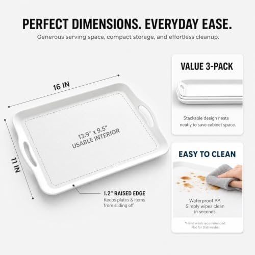 3 Pack White Plastic Serving Trays with Handles, 16 x 11 Inch in 16 x 11IN in White, alternate view 3