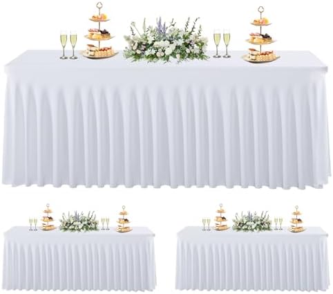 3 Pack White Spandex Table Cloths for 6 Foot Rectangle Tables, Wrinkle Free Fitted Table Covers 6 Ft Stretch