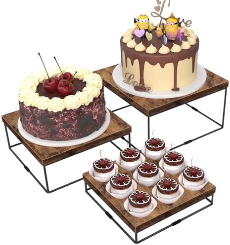 3 Pack Wood Risers Display Stand, Square Food Riser in Brown