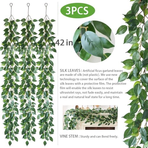 3 Packs Artificial Vines Garland 42'' Fake Ficus Vine Greenery Garland Silk Green Leaves Decoration Faux Hanging, alternate