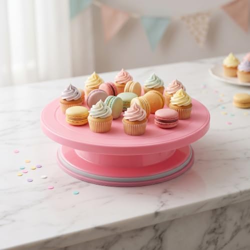 3 Pcs 11 Inch Plastic Cake Decorating Turntable, Rotating Cake Turntables in Pink, alternate view 2