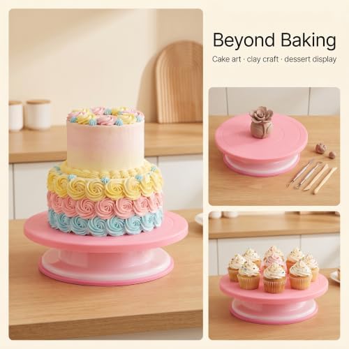 3 Pcs 11 Inch Plastic Cake Decorating Turntable, Rotating Cake Turntables in Pink, alternate view 5
