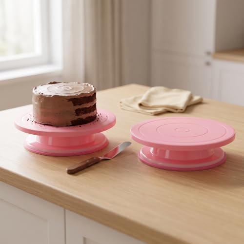 3 Pcs 11 Inch Plastic Cake Decorating Turntable, Rotating Cake Turntables in Pink, alternate view 6