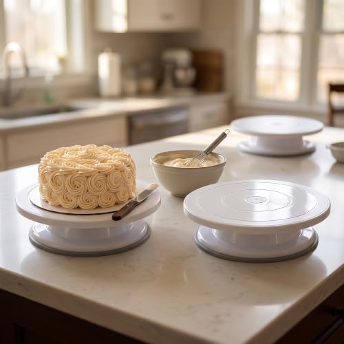 3 Pcs 11 Inch Rotating Cake Turntable, Smooth 360° Revolving Cake Stand in White, alternate view 2