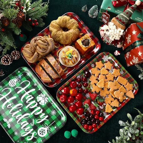 3 Pcs 13 x 10 Inch Christmas Serving Trays Red and Green Plaid Plastic Xmas Serving Platters Dishes Reusable, alternate view