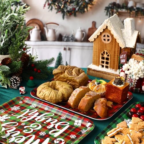 3 Pcs 13 x 10 Inch Christmas Serving Trays Red and Green Plaid Plastic Xmas Serving Platters Dishes Reusable, alternate view