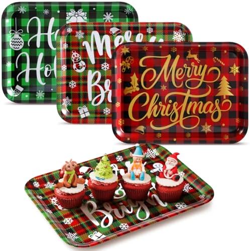3 Pcs 13 x 10 Inch Christmas Serving Trays Red and Green Plaid Plastic Xmas Serving Platters Dishes Reusable, alternate view