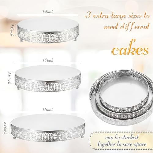 3 Pcs 16'' 14'' 12'' Metal Silver Cake Stand, Retro Style in Silver, alternate view 3