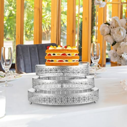 3 Pcs 16'' 14'' 12'' Metal Silver Cake Stand, Retro Style in Silver, alternate view 6