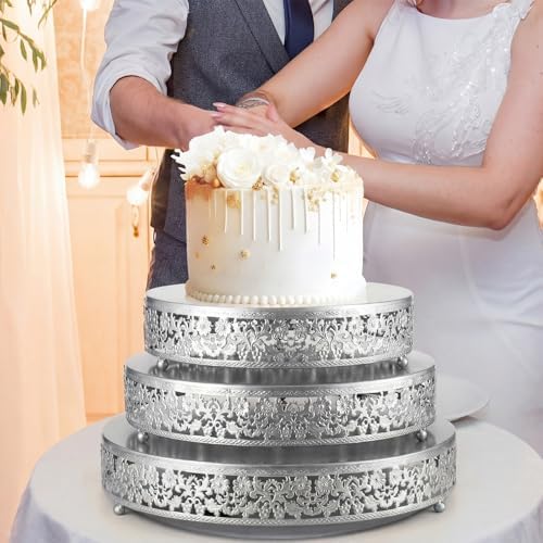 3 Pcs 16'' 14'' 12'' Metal Silver Cake Stand, Traditional Style in Silver, alternate view 2