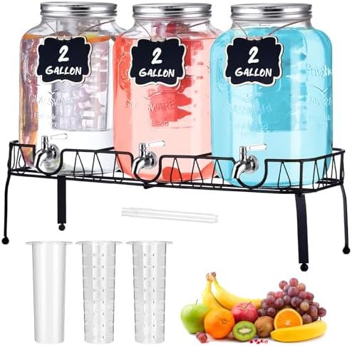 3 Pcs 2 Gallon Glass Drink Dispenser with Stand and Lid, Silver in Silver