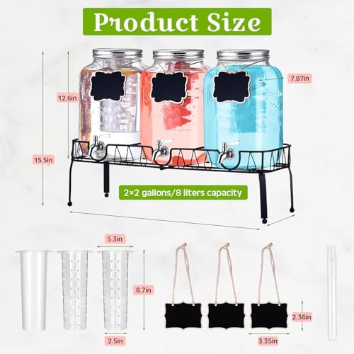 3 Pcs 2 Gallon Glass Drink Dispenser with Stand and Lid, Silver in Silver, alternate view 2