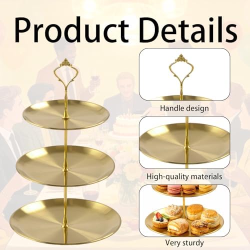 3 Pcs 3 Tier Stainless Steel Cupcake Stand, Gold Tiered Dessert Stand for Wedding, Birthday Party, Baby Shower, alternate