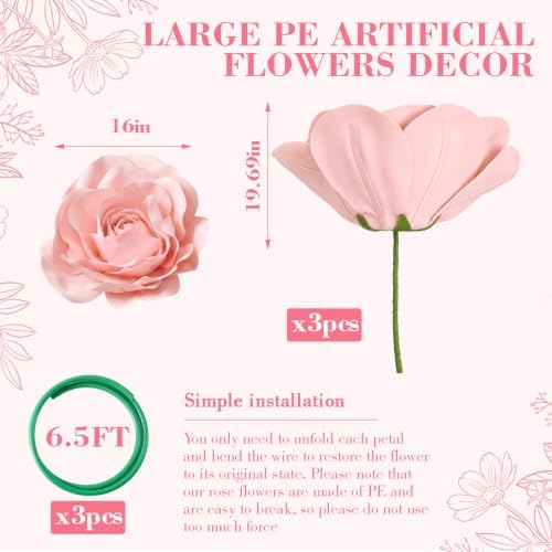 3 Pcs 5ft Large Rose Flowers Giant Artificial Light Pink Rose in Lightpink, alternate view 2