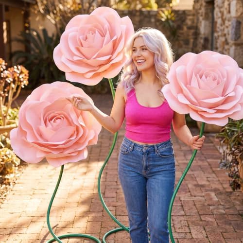 3 Pcs 5ft Large Rose Flowers Giant Artificial Light Pink Rose in Lightpink, alternate view 6