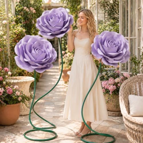3 Pcs 5ft Large Rose Flowers Giant Artificial Purple Rose in Purple, alternate view 4