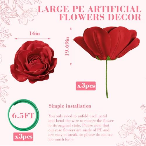 3 Pcs 5ft Large Rose Flowers Giant Artificial Red Rose in Red, alternate view 2
