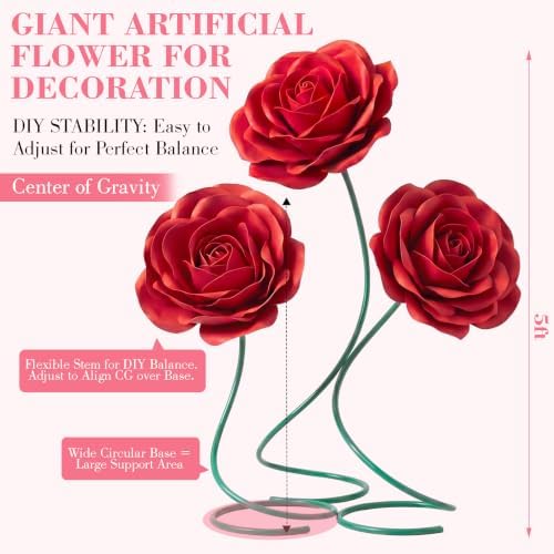 3 Pcs 5ft Large Rose Flowers Giant Artificial Red Rose in Red, alternate view 3