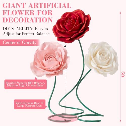 3 Pcs 5ft Large Rose Flowers Multicolor Giant Artificial Rose in Pink, red, white, alternate view 2