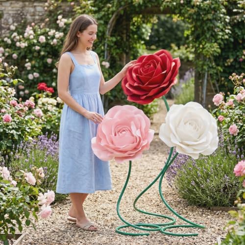 3 Pcs 5ft Large Rose Flowers Multicolor Giant Artificial Rose in Pink, red, white, alternate view 4
